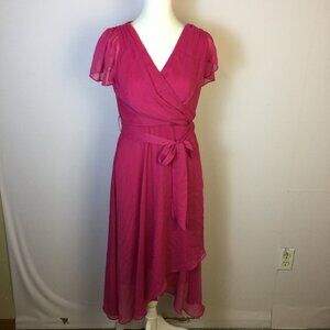 DKNY Midi Faux Wrap Dress Size 4 Womans Pink Chiffon V-neck Belted Lined Hi-Low